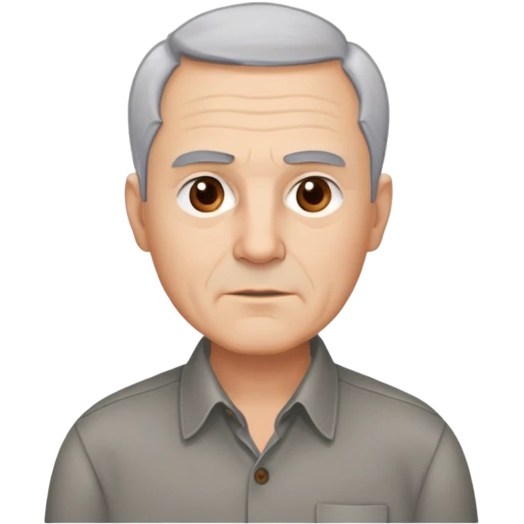 Close-up portrait of René Monclova. Light-skinned older man with round face and broad jaw. Short silver-gray hair with visible receding hairline. Warm brown eyes, thick eyebrows. Neutral expression. Wearing a dark button-up shirt. emoji