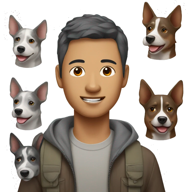 Asian man with brown and grey Australian cattle dog  emoji