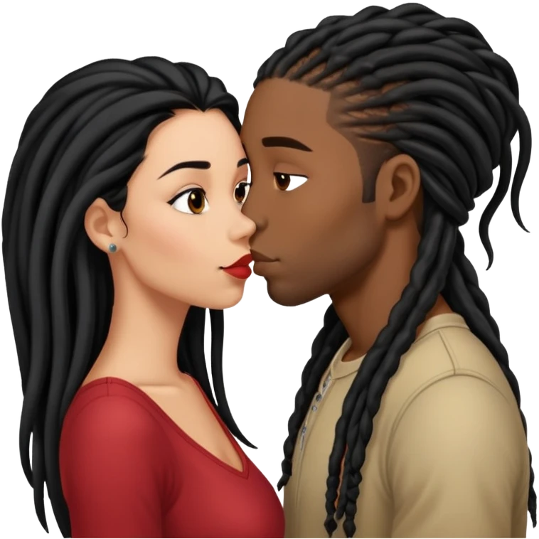 Latina Woman with long hair kissing a young black guy with dreads no beard emoji