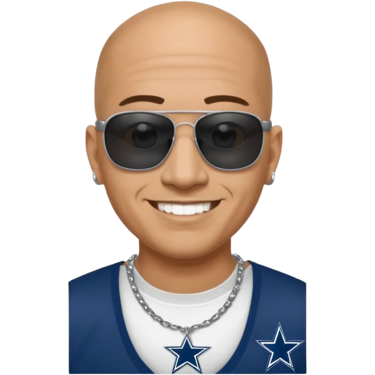 bald mexican cholo with square black sunglasses no facial hair no earrings with face dimples wearing a silver necklace with H on it and wearing cowboys jersey emoji