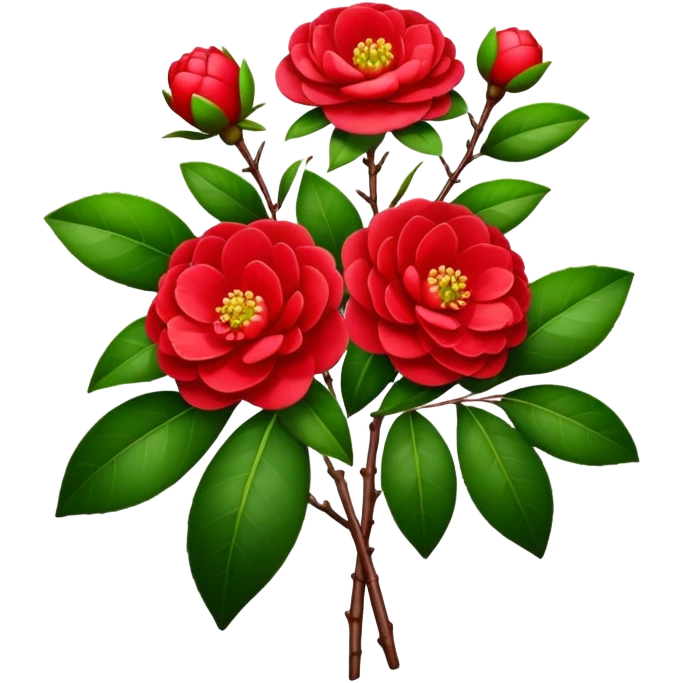 bouquet Red Camellia, luxuriant, stem, leaf emoji