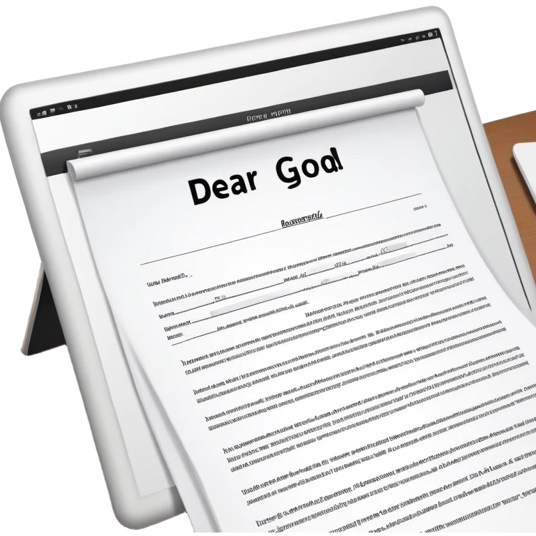 Desk with computer showing document that starts with "Dear God" emoji