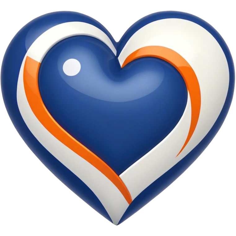 Glossy, sporty dark blue heart with diagonal white and orange athletic stripes going down one side emoji