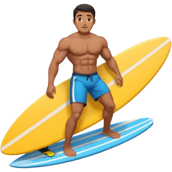Indo guy dark hair and big muscles pro surfer surfing emoji