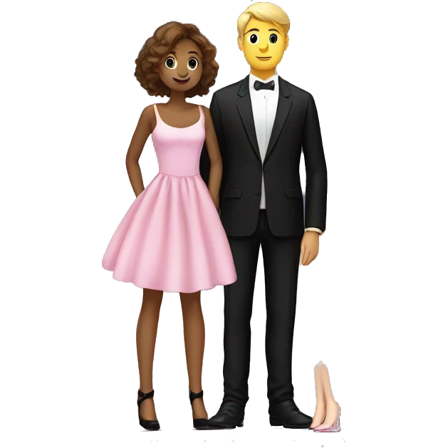 A girl in a beautiful pink dress, with brown hair at the waist, on white heels, short and a guy in a black suit, with blond hair, short hair, in black boots, tall, looking at the starry sky emoji