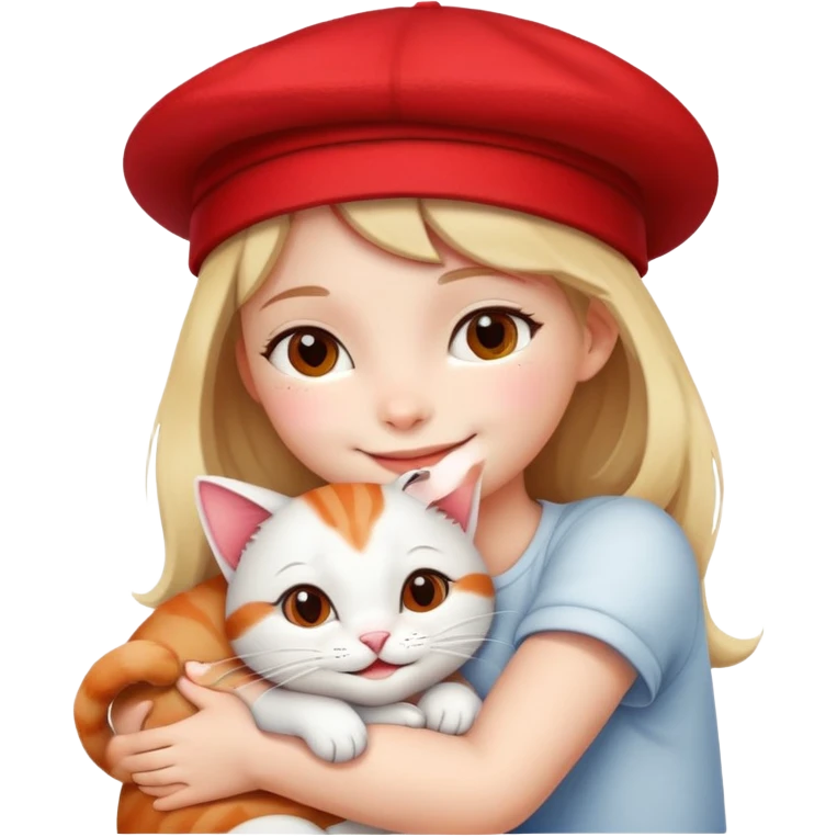 A girl wearing a red hat and hugging a cat, smiling. emoji