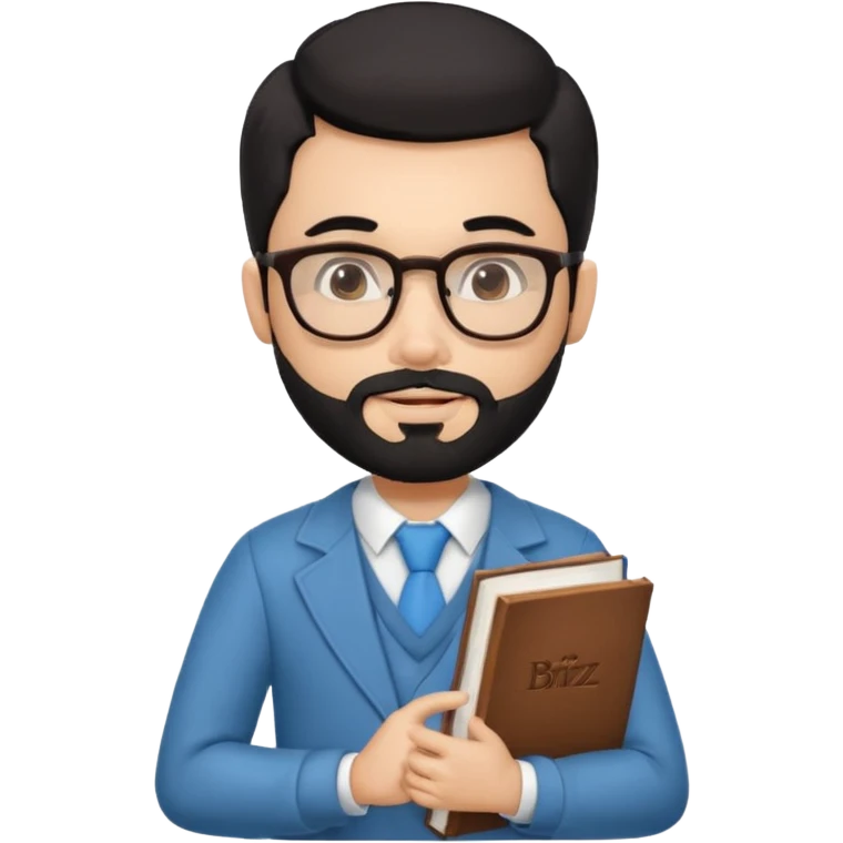 a pretty bratz teacher male with black hair, spectacles on, holding a book in hand and a chocolate in the other. bearded emoji