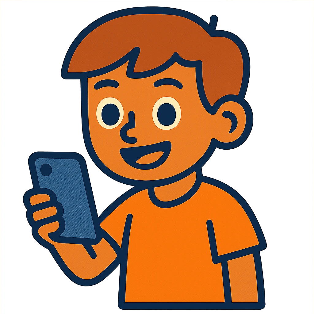 a tan boy with light brown hair holding a phone, vibrant cartoon style emoji
