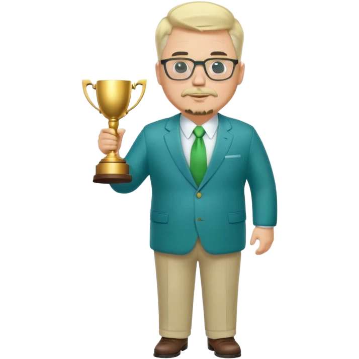 Full Body white fat male  wearing glasses with a goatee with light blonde gray very short hair basketball head Coach in blue and green suit holding trophy emoji