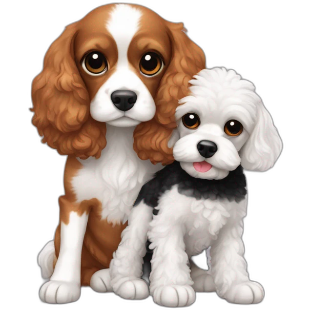 white and ginger  cavalier king charles spaniel and black mini poodle cuddle each other  emoji