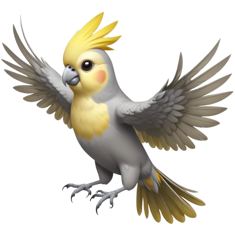 cinematic-[cockatiel]-realistic-full-body-perched-emoji,-wings-out-flying,-head-tilted-dramatically,-sleek-[yellow and grey]-feathers,-simplified-yet-realistic-focused-features,-highly-detailed,-glowing-with-an-almost-sarcastic-glow emoji