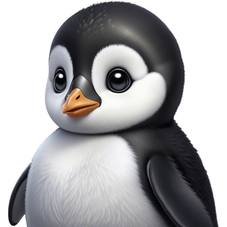 Cinematic Noble Baby Penguin Portrait Emoji, Poised with an air of innocent regality, featuring soft, downy feathers in crisp black and white and wide, soulful eyes, Simplified yet sharp and sophisticated features, highly detailed, glowing with a gentle, dignified polar glow, high shine, intelligent and charming, stylized with an air of cherubic majesty, focused and attentive, soft glowing outline, capturing the essence of a tiny arctic noble that feels as though it could waddle out of the screen with effortless authority! emoji