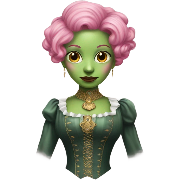 a green amazon alien woman in Victorian white gold full body pink hair emoji