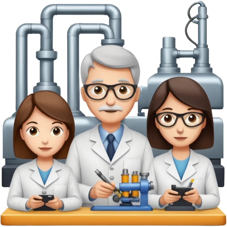 factory assembly line with students and professor symbolizing production management emoji