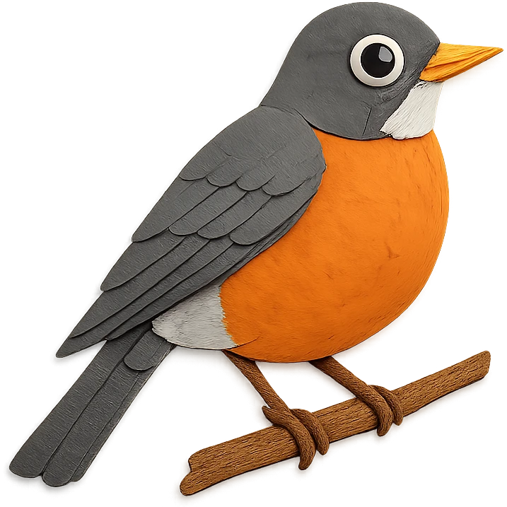 American Robin on a branch, layered paper details, bright orange breast, gray and white plumage, expressive eye emoji
