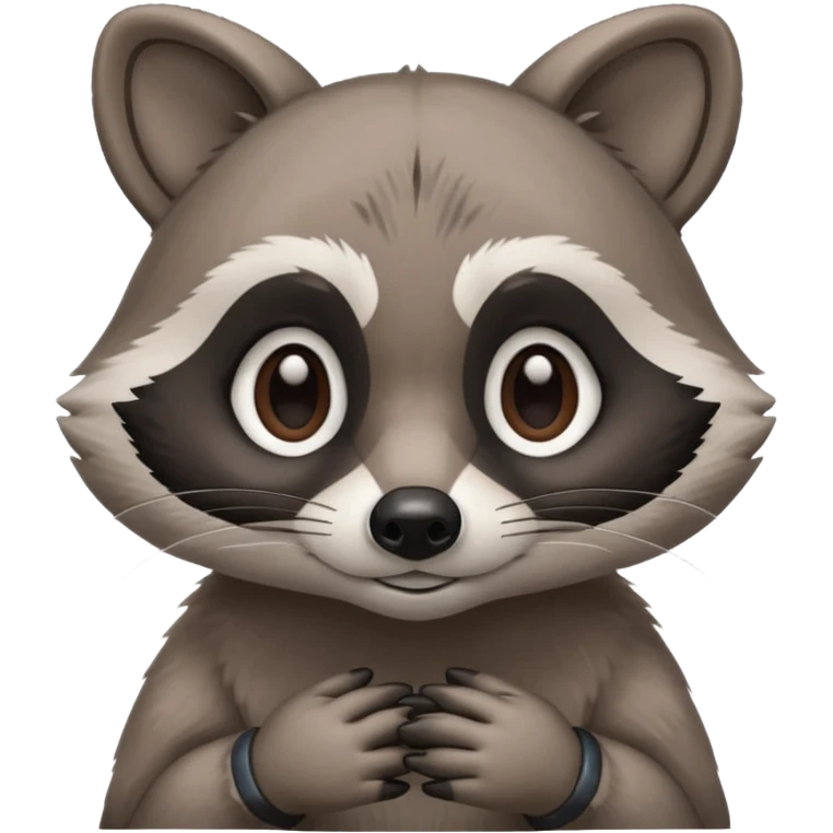 raccoon mascot thinking softly, hand on chin, curious expression, rounded shapes, minimal detail, smooth cartoon shading, ASD-friendly emoji