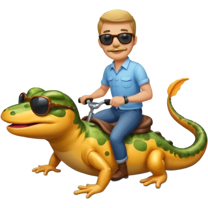 Mustachioed man with sunglasses riding a salamander on a river emoji