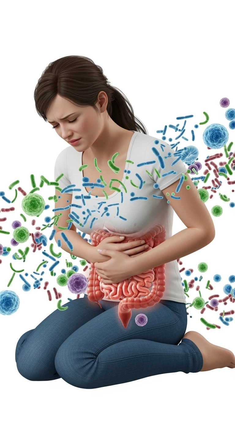 DONNA CON MAL DI PANCIA E INTESTINO UMANO ANATOMICO VISIBILE, BATTERI INTESTINALI FLUTTUANO INTORNO, IPERREALISTICO 4K, SFONDO BIANCO emoji