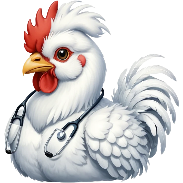 A White Silkie Bantam rooster wearing a doctor's stethoscope. The head feathers look like a large, fluffy wig. emoji