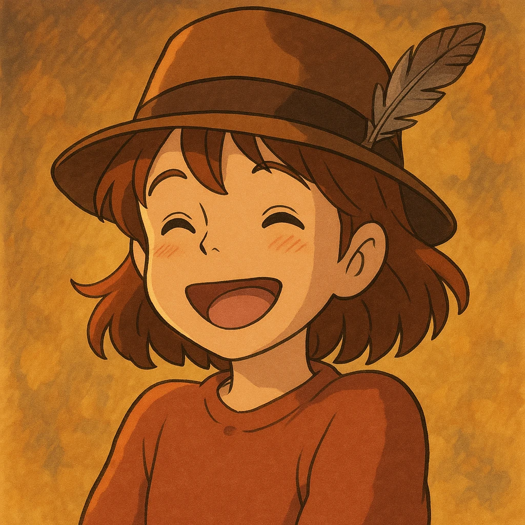 girl wearing a brown fedora with a feather, cheerful, warm lighting, ghibli style emoji