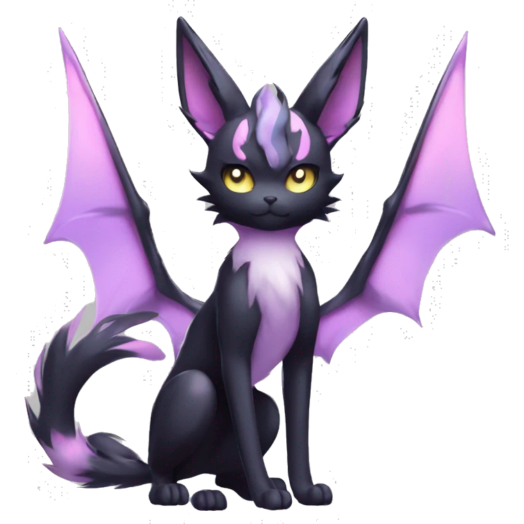 Shiny Cool pastel Black beautiful ethereal fantasy Kawaii Sona Umbreon-Espeon-Litten-Fakemon-cat-animal with edgy bat-ears black mane vtuber model Full Body emoji