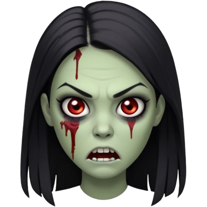 девушка зомби с темными длинными прямыми волосами, с черными макияжем глаз, тонкими бровями, со злым выражением лица в стиле Apple avatar emoji