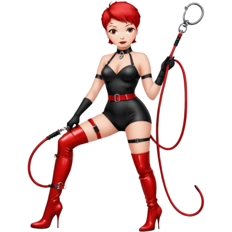 mistress, dominant girl, short red hair, sexy shiny red bdsm clothing, red hold-ups, whip and leash on her hands, choker around her neck, serious look, shiny red high heel boots emoji