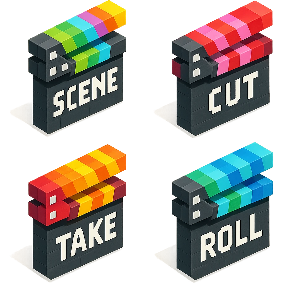 isometric view collection of movie clapperboards in voxel style, each with different colorful lids and unique text emoji