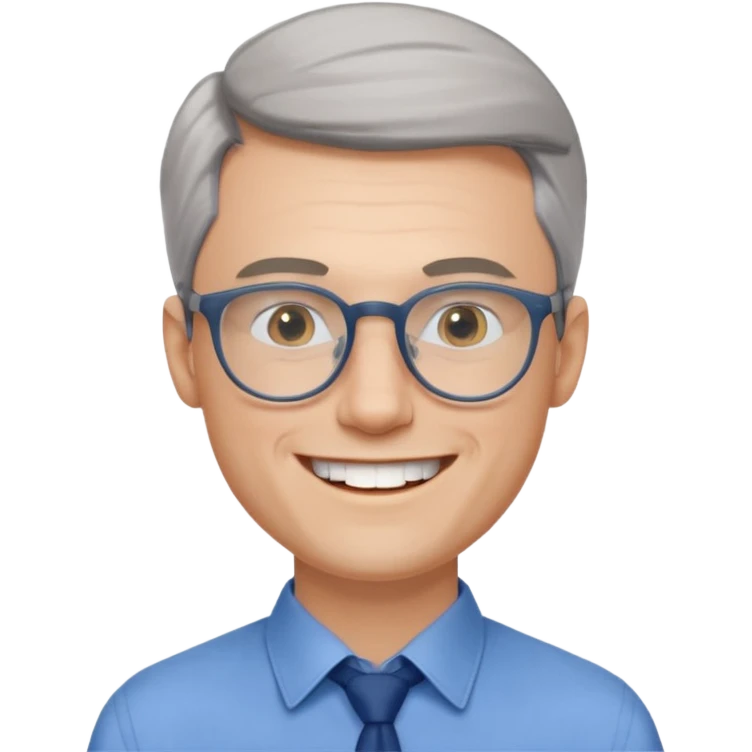 30 yr old pale white man, grey side swept hair, round glasses, big smile, white teeth, handsome, longer hair, thin glasses, blue dress shirt, no tie emoji