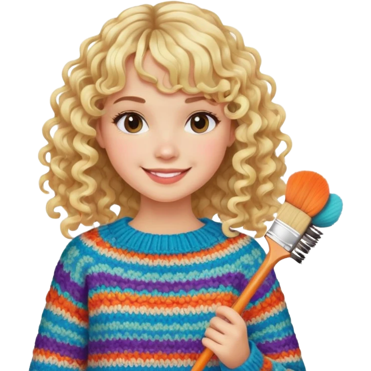 smiling model girl with curly blonde hair and bangs with brushes and colourful  knitted sweater emoji