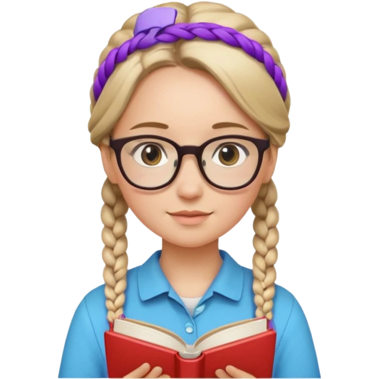 A student, girl, braid hair, wearing glasses, hold book in front of their chest emoji