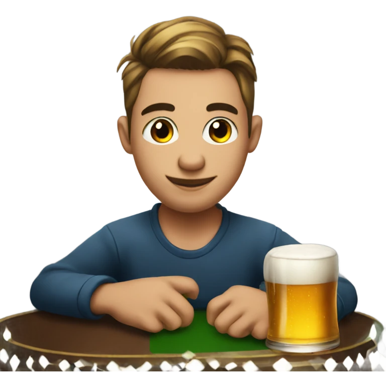 A young man at a poker table with a beer emoji