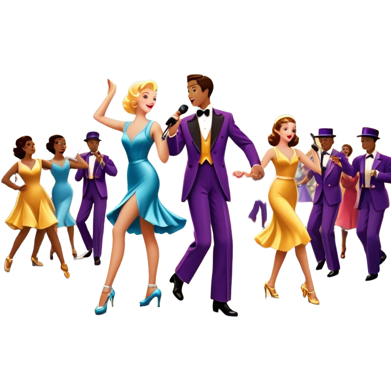 Vintage movie poster-style icon for a musical film. A vibrant street scene with bright lights, dancers mid-step, a singer with a microphone, and a jazz band playing. The cityscape glows in the background, evoking the golden era of musicals. Transparent background. emoji