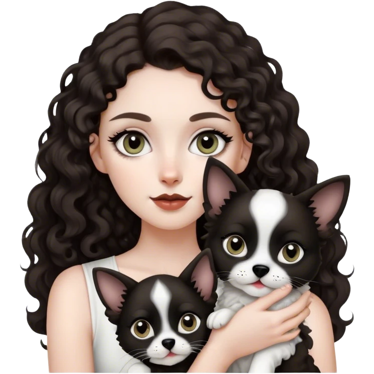 Girl holding black and white small dog. Girl is pretty, sharp cat eye line. Dark brown big curls. Long hair. Pale. Dog had black ears, black circles around eyes, dog has white mouth and head emoji