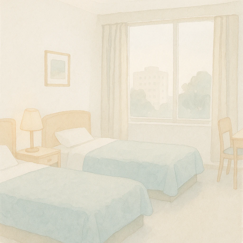Remove the girl from the hotel room with two single beds. Maintain the soft watercolor illustration style with pastel colors, delicate linework, a gentle, whimsical mood, anime-inspired features, and minimal, soft shading. emoji