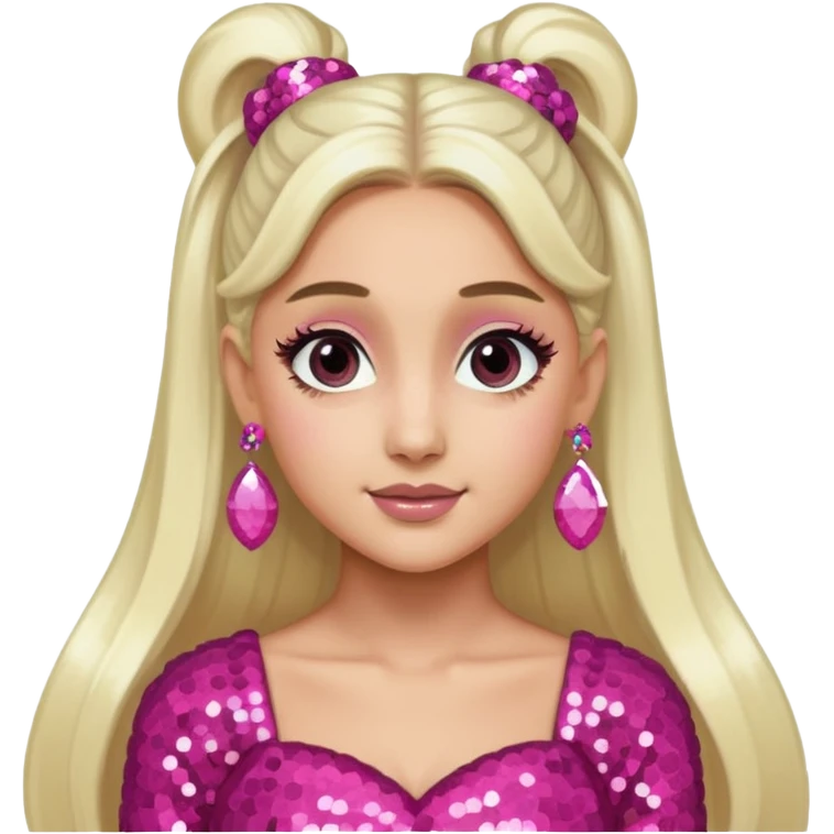 Ariana Grande with long white blonde ponytail hair, dark pink sequin dress, pink earrings emoji