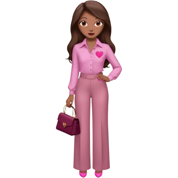  emoji, inspired with brunette hair, brown eyes, long hair, heart shape lips and pink make up  and pink nails, mauve pink blush and brown wide leg pants, burgundy shoulder drop shirt, brown heels , princess hair, brown heels, no floating hearts  emoji