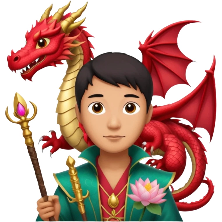 man with asian dragon, scepter, buddhism, lotus emoji