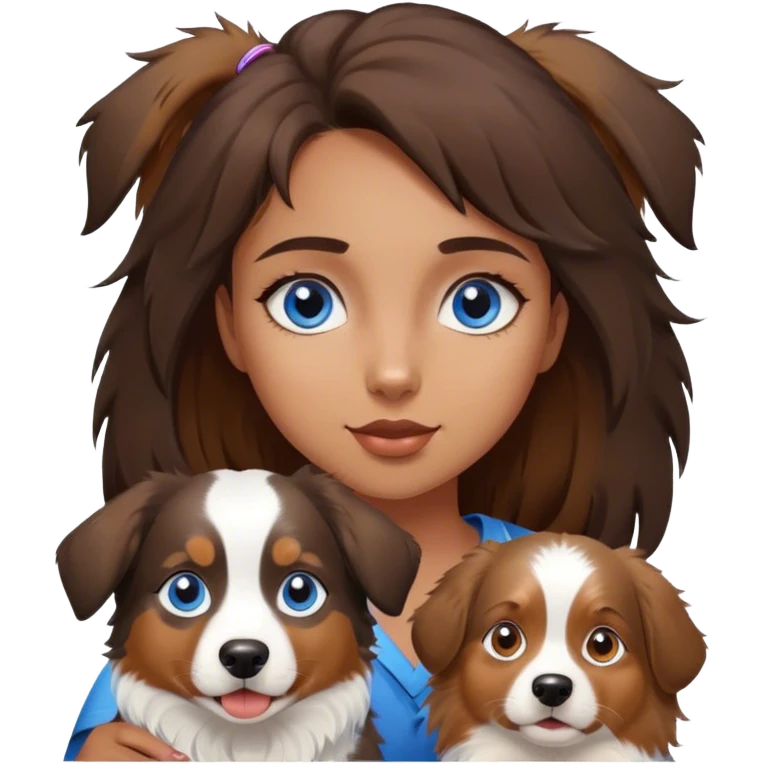 Young brown girl with blue eyes and One dog Australian shepherd  emoji