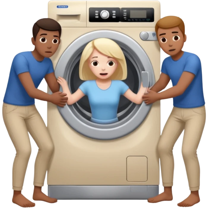 Eine Frau mit dem Kopf  in der Waschmaschine feststeckt und zwei Männer ziehen an ihren Beinen um ihr zu helfen  emoji