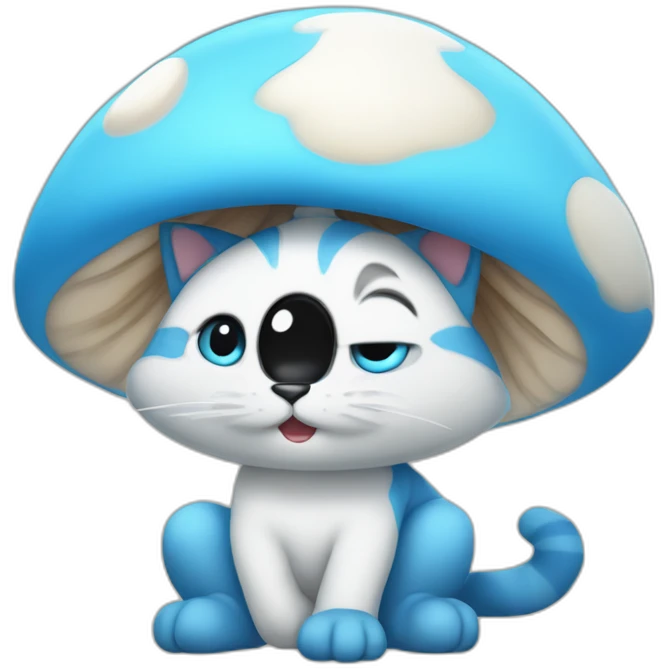 Blue smurf cat with large black eyes wearing a large white mushroom on his head casting a show on his face with a neutral face emoji