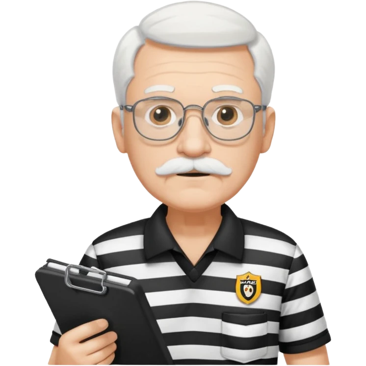 An old stern white hair and mustache, wear glasses referee with a clipboard, monitoring players closely. emoji