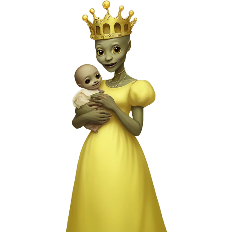  Reptilian alien woman, full body, in victorian jellow elegant dress, have a crown,holds a newborn humman baby emoji