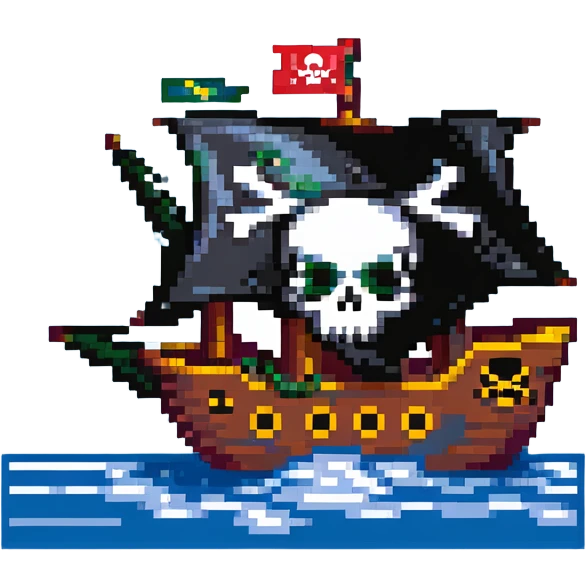 A pirate ship sailing on the open sea, with a skull and crossbones flag flying high, and pirates wearing bandanas and eye patches emoji