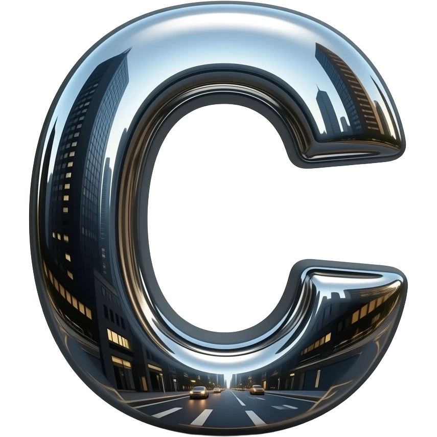 A hyper-realistic letter 'C' made of flowing, high-polish liquid chrome. Distorted reflections of a dark urban cityscape, sharp contrast, 8k resolution, 'Terminator' style aesthetic, clean and aggressive emoji