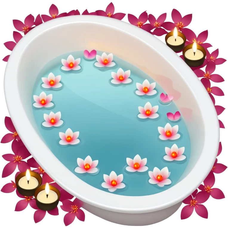 A white bathtub with water, with a few small flower petals around, floating tea-lights, romantic lush warm colors emoji