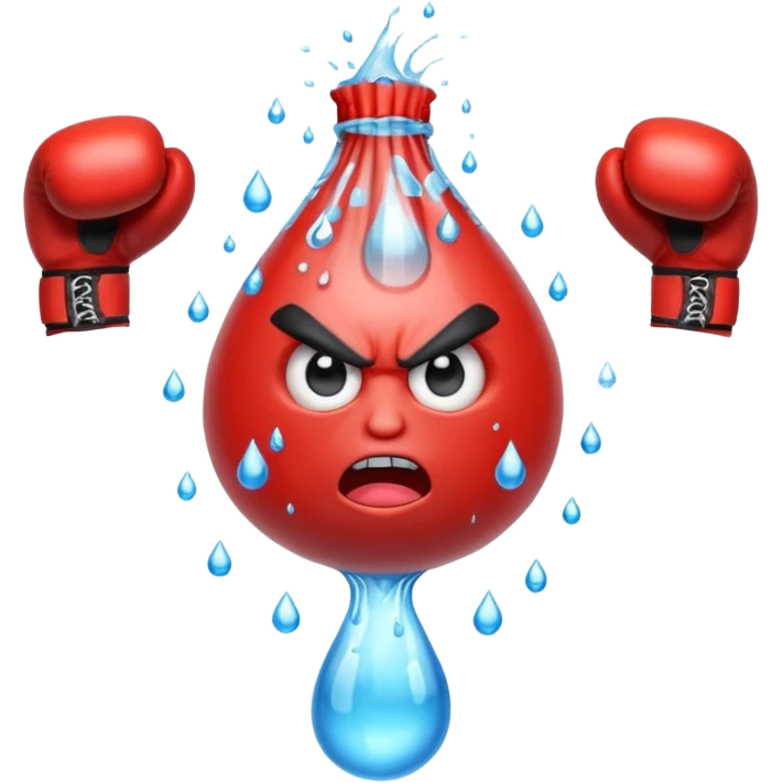 Gota de agua con cara de enfado y unos guantes de boxeo, que tenga brazos y piernas musculados emoji