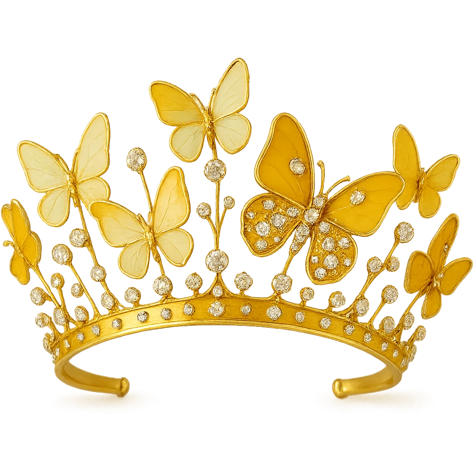 butterfly crown with a golden yellow base, butterflies in pastel and deep yellow enamel, sparkling gems emoji