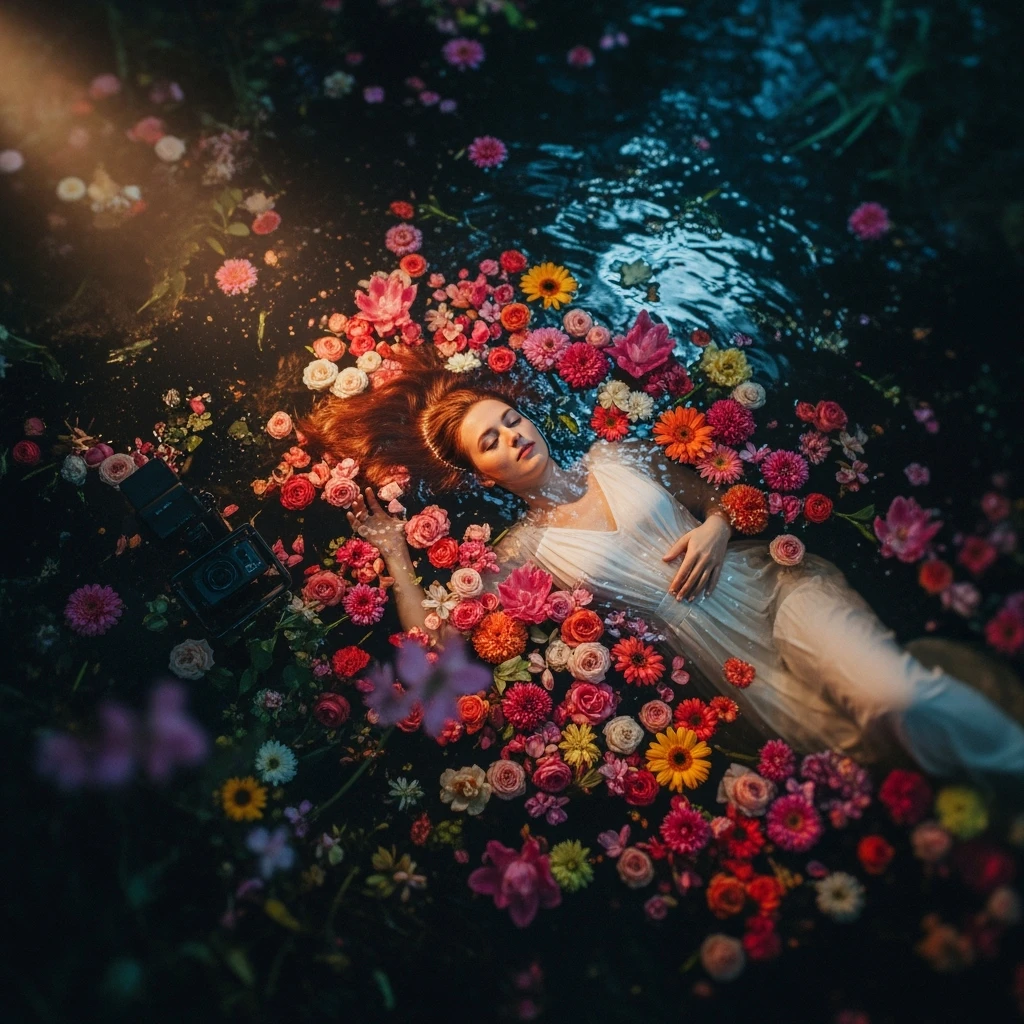 Camera drom top, Motion blur Extreme Closeup photo of a beautifull woman lay around beautifull colorfull flowers in water, cinematic light, 8K, very detailed, sharp, depth (foreground, midground, background) Spotlight, dark environemnt emoji