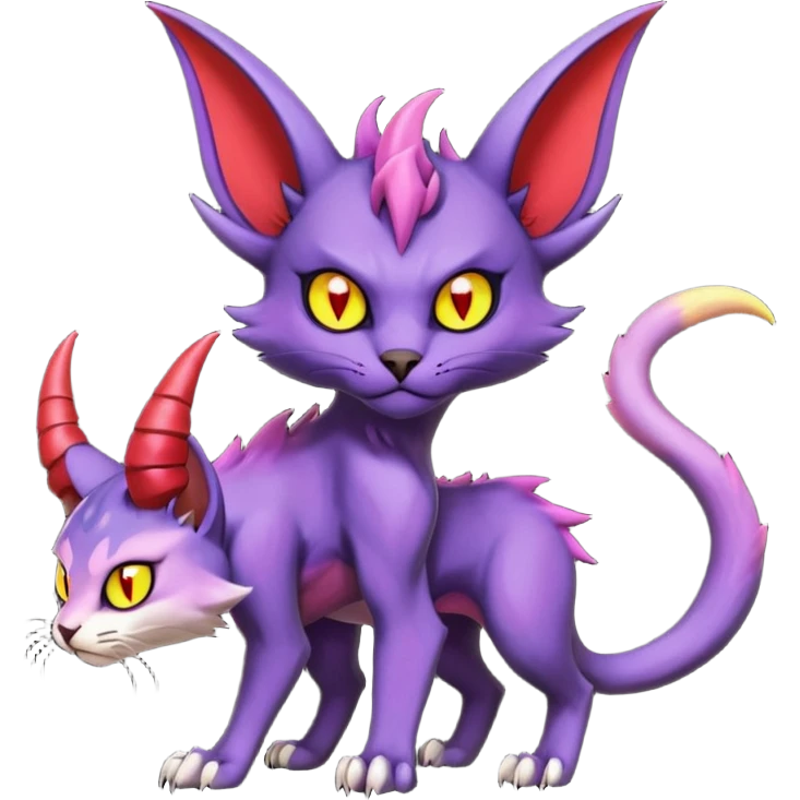 Black horned vampiric edgy demon-Noivern-Noibat-Purloin-Torracat-Lykoi-Caracal-cat-Fakemon-fusion-hybrid-creature with violet and red scale markings with 2 horns emoji